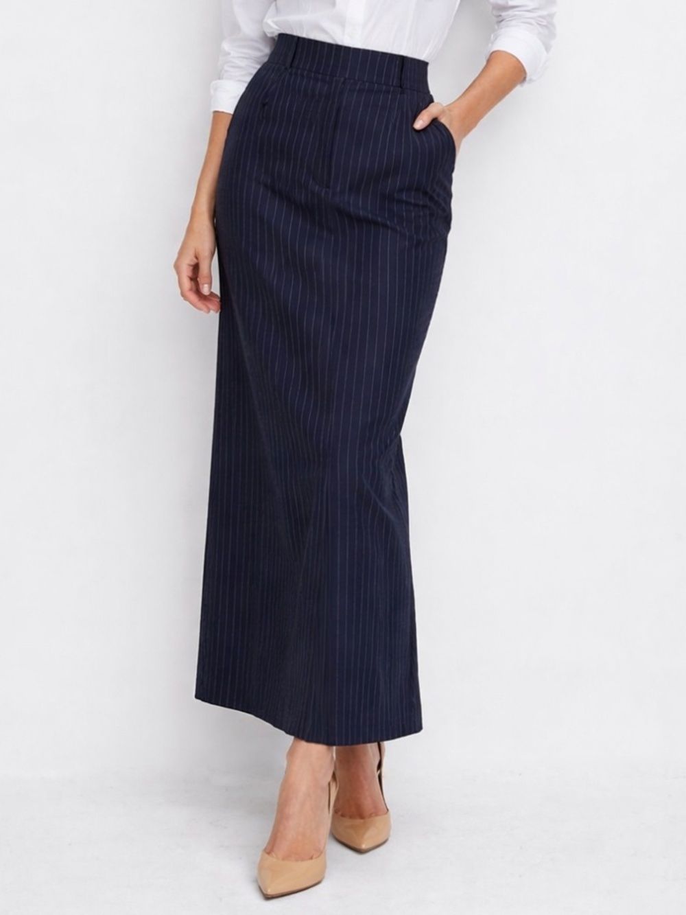 Maison d'Amelie Paris Navy Pinstripe Column Maxi Skirt